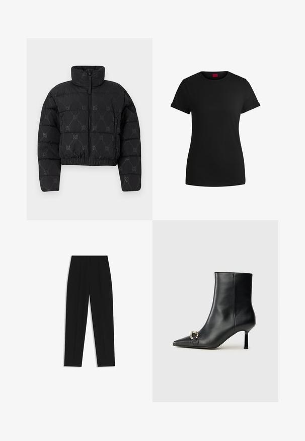 Doudoune noire avec design court, dotée d'un col haut, d'une fermeture éclair à l'avant, et d'un motif "HUGO" répété sur toute la surface. Texture douce et matelassée.; T-shirt noir en coton avec des manches courtes roulées, un col rond et une étiquette rouge. Texture lisse, forme ajustée avec un minimum de détails.; Pantalon noir à coupe droite, avec des plis doubles, une texture lisse et un design de taille classique. Pas de matériel ou d'accents visibles.; Bottine en cuir noir avec un bout pointu, un talon moyen fin et un détail de boucle en argent sur le côté, se détachant sur un fond uni.
