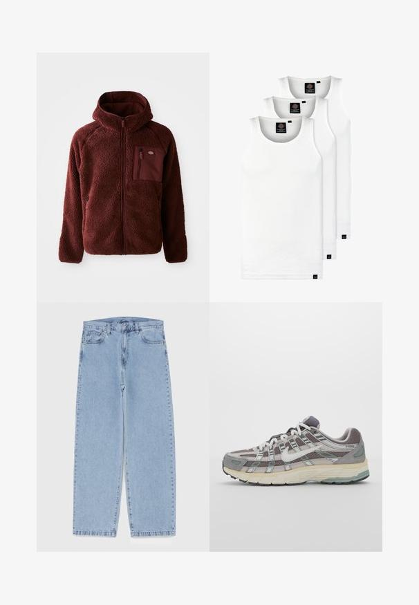 Burgundy fleece jacket with a zip front, hood, side pockets, and chest pocket. Textured, soft material with a slightly oversized fit.; Three white ribbed tank tops made of cotton. Features a crew neck and small black labels near the hem. Available in multiple sizes.; Light blue denim jeans with straight leg design, featuring a mid-rise waist, five pockets, and a button and zipper closure.; Gray athletic shoe featuring a mesh and suede upper, white accents, a cushioned sole, and a distinctive design with reflective elements.