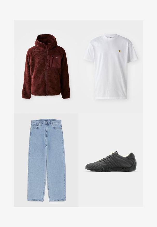 Casaco de fleece bordeaux com fecho éclair na frente, capuz, bolsos laterais e bolso no peito. Material texturizado e suave com um ajuste ligeiramente oversized.; T-shirt branca de algodão com mangas curtas, decote redondo, apresentando um pequeno logótipo dourado na área do peito esquerdo. Textura macia e ajuste regular.; Jeans de denim azul claro com design de perna reta, apresentando uma cintura de altura média, cinco bolsos e um fecho de botão e zíper.; adidas Originals ADIRACER UNISEX - Sapatilhas - core black/cream white