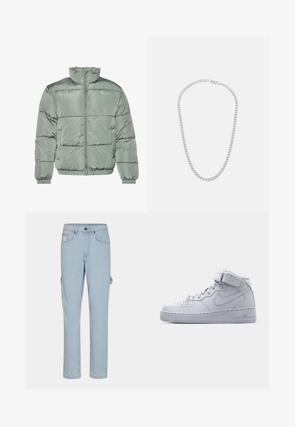 Pufīgs jaka gaiši zaļā krāsā ar augstu apkakli, centrālo rāvējslēdzēju un elastīgām aprocēm un apakšmalu mājīgai piegulšanai. Gluda, spīdīga auduma virsma.; Melnas kokvilnas T-krekls ar īsām piedurknēm, apaļu kakla izgriezumu un baltu paraksta logo, kas drukāts uz priekšpuses. Gluda tekstūra un brīva piegriezuma.; Gai zila džinsa krāsas cargo bikses ar taisnu kāju dizainu, piedāvājoties sānu kabatas un klasisku pogu un rāvējslēdzēja aizdari.; Pelni pelēkās Nike Air Force 1 sneakers ar ādas augšdaļu, mīkstinātu apkakli un Velcro siksniņu. Ikonisks dizains ar perforētu pirksta daļu.; Sudraba metāla ķēdes kaklarota, kas sastāv no savstarpēji savienotām saiknēm un droša sprādzes, ar gludu tekstūru, vienmērīgu apdari un klasisku dizainu.