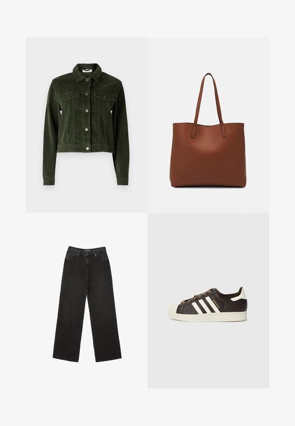 Noisy May NMDEBRA - Lagana jakna - kombu green; Tamno sivi kratki rukav s izrezom u obliku čamca. Izrađen od rebrastog materijala, s opuštenim krojem i ravnim rubom. Jednostavan dizajn, bez uzoraka.; Crne široke traperice izrađene od denima, s malim točkastim uzorcima, klasičnim dizajnom s pet džepova i zatvaranjem na gumbe i zatvarač.; Niska Adidas Superstar tenisica od tamnobraon kože s krem školjkastim vrhom, bijelim prugama i natpisom "Superstar" sa strane.; Smeđa kožna torba preko ramena s glatkom teksturom, otvorenim vrhom i dvjema naramenicama. Ima minimalne šavove i nema vidljivog hardvera.