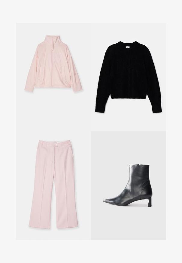 Světle růžová zateplená bunda na zip vyrobená z hladkého materiálu. Má vysoký límec, dvě přední kapsy a decentní logo na hrudi.; Černý zkrácený svetr vyrobený z nadýchaného materiálu. Má kulatý výstřih a dlouhé rukávy se měkkou texturou. Minimalistický design, bez vzorů.; Světle růžové, široké kalhoty s rovnými předními částmi, které mají jedno knoflíkové zapínání a boční kapsy, vyrobené z hladkého materiálu.; Černé kožené kotníkové boty s špičatou špičkou a elegantním designem. Mají nízký podpatek a zipové zapínání na zadní straně. Hladká textura.