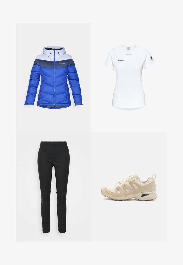D Damen Winterjacke von Columbia in Blau mit hellgrauen und dunkelblauen Farbblockelementen, Kapuze, durchgehendem Reißverschluss und seitlichen Reißverschlusstaschen.; Kurzärmliges weißes Sportshirt mit Rundhalsausschnitt, das ein Logo auf der Brust und eine glatte, leichte Stofftextur aufweist.; Schwarze Sportleggings mit hohem Bund, glatter Textur, Logodetail und seitlichen Paneelen für zusätzlichen visuellen Reiz.; Beige und cremefarbenen Sportschuh mit strukturiertem Mesh-Obermaterial, unterstützenden Überzügen und Gummisohle mit einem Profilmuster für Bodenhaftung.