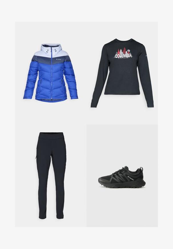 Women's blue Columbia winter jacket with light gray and dark navy color blocks, hood, front zipper, and zippered side pockets.; Long-sleeve dark gray shirt with a graphic of red trees and mountains; "COLUMBIA" logo in bold white text. Soft fabric, standard crew neck.; Black athletic pants with a slim fit, elastic waistband, and a side pocket featuring a zipper. Smooth, stretchy fabric with minimal seams.; Columbia PEAKFREAK - Hiking shoes - black