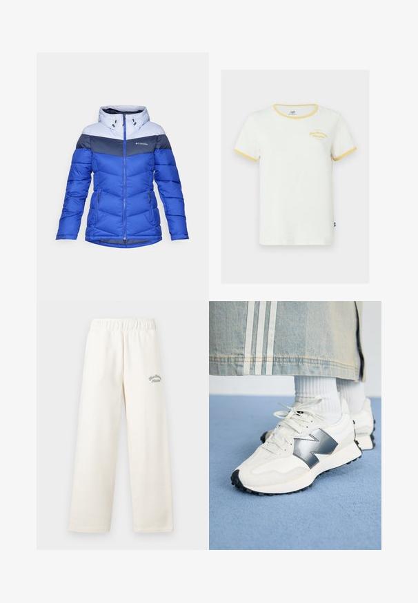 Giacca invernale blu da donna Columbia con blocchi di colore grigio chiaro e blu scuro, cappuccio, zip frontale e tasche laterali con zip.; T-shirt bianco in cotone con colletto e polsini gialli a coste. Presenta un logo ricamato giallo sul davanti. Vestibilità regolare.; Pantaloni a gamba larga di colore crema realizzati in materiale morbido con cintura elastica. Presentano un delicato testo ricamato di colore verde sul davanti.; Sneaker sportive bianche con un accento argento, tessuto testurizzato e pelle liscia; dotate di una suola in gomma nera e lacci.