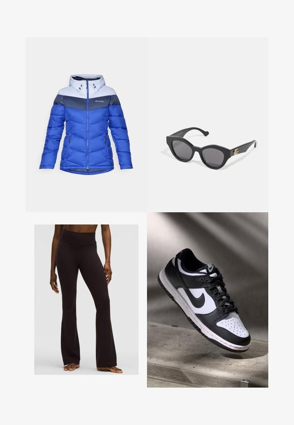 D Damen Winterjacke von Columbia in Blau mit hellgrauen und dunkelblauen Farbblockelementen, Kapuze, durchgehendem Reißverschluss und seitlichen Reißverschlusstaschen.; Schwarzes ärmelloses Crop-Top mit tiefem V-Ausschnitt, aus glattem, elastischem Stoff gefertigt. Verfügt über einen sauberen Saum und keine sichtbaren Muster oder Akzente.; Schwarze schmal geschnittene Yogahosen mit hohen Bündchen, hergestellt aus dehnbarem Material, das eine glatte Textur und eine figurbetonte Silhouette bietet.; Schwarz-weißer Nike Dunk Low Sneaker mit Lederobermaterial, perforiertem Zehenbereich und schwarzen Schnürsenkeln, ausgestattet mit einer weißen Sohle und Logo-Akzenten.; Schwarze Sonnenbrille mit einem eckigen Katzenaugen-Design, ausgestattet mit dunkeltönenden Gläsern. Goldene Logo-Akzentuierung an dem Bügel. Glatter Kunststoffrahmen.