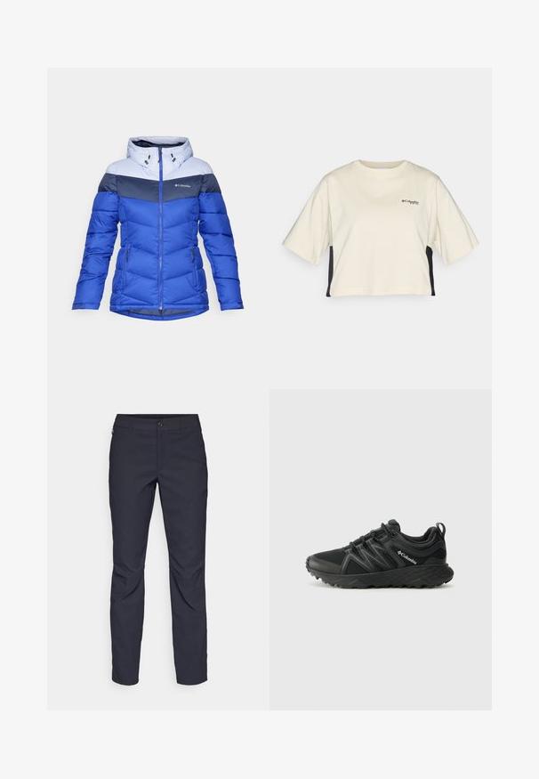Ženska plava Columbia zimska jakna s svijetlosivim i tamnoplavim blokovima boja, kapuljačom, prednjim zatvaračem i bočnim džepovima na zatvarač.; Kremasta skraćena majica s okruglim izrezom, kratkim rukavima i crnim bočnim panelima; ima mali crni logo na prsima.; Pantalone tamnoplave boje od glatkog materijala, s prednjim kopčanjem na dugme, uskim krojem i pregibima na koljenima.; Columbia PEAKFREAK - Obuća za pješačenje - black