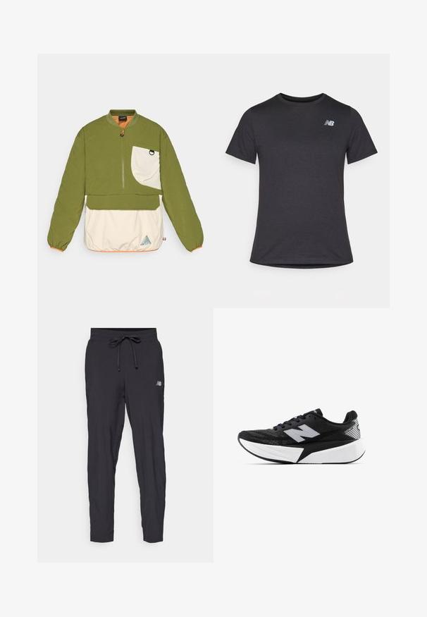 Grønn og kremfarget genserjakke med kvart lengde glidelås, quiltet tekstur, elastiske mansjetter og en trekantet logo på den nedre kanten.; Svart kortermet t-skjorte laget av myk stoff, med en liten grå New Balance-logo på øvre venstre bryst, klassisk rund hals design.; Svarte joggebukser laget av lett materiale med elastisk midje og justerbar snor. Har en liten logo på siden.; Svart-og-hvitt New Balance joggesko med tykk såle, mesh-overdel og "N"-logo på siden, sett fra utsiden.