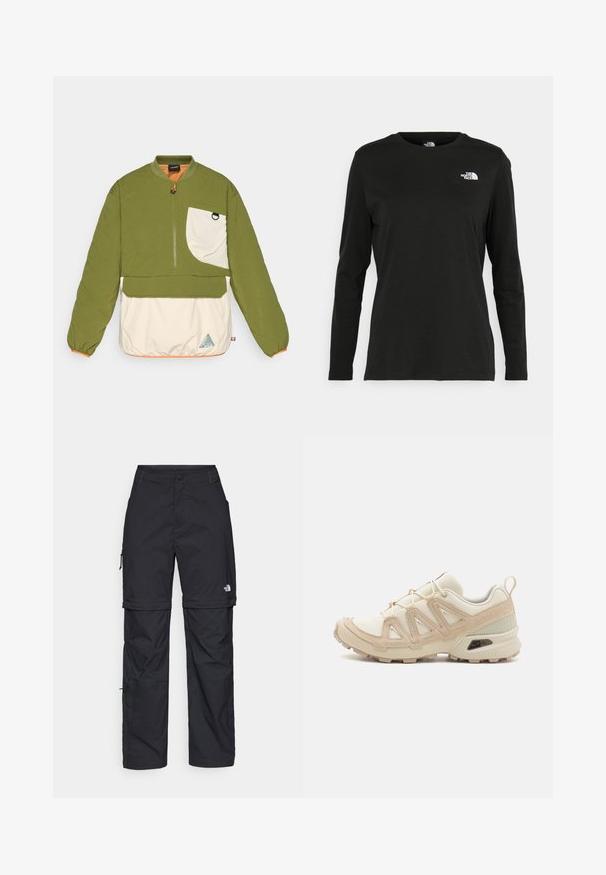 Grüner und cremefarbener Pullover mit einem Viertelreißverschluss, gestepptem Design, elastischen Bündchen und einem dreieckigen Logo am unteren Saum.; Schwarzes Langarm-T-Shirt aus Baumwolle mit Rundhalsausschnitt. Verfügt über ein kleines weißes Logo auf der linken Brustseite. Einfaches Design und Passform.; Schwarze Nylon-Zip-Off-Cargohosen mit verstellbaren Bündchen, mehreren Taschen und einem Logo am rechten Bein. Glatte, leichte Textur.; Beige und cremefarbenen Sportschuh mit strukturiertem Mesh-Obermaterial, unterstützenden Überzügen und Gummisohle mit einem Profilmuster für Bodenhaftung.