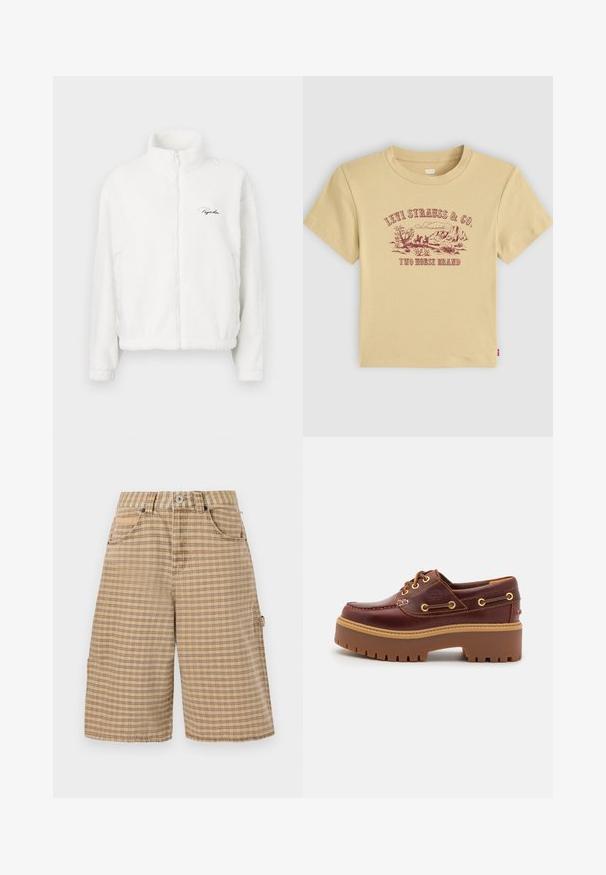 Giacca in pile bianca con zip e colletto alto, caratterizzata da una texture liscia e un logo ricamato sul lato sinistro del petto. Leggera e dal taglio ampio.; T-shirt in cotone beige a maniche corte con una stampa grafica color mogano di un paesaggio montano e "Levi Strauss & Co. Two Horse Brand."; BDG Urban Outfitters CHECK NICOLA JORT - Shorts - beige; Scarpa da barca in pelle marrone con suola in gomma marrone robusta, occhielli dorati e cuciture a contrasto. Presenta un logo sul lato.