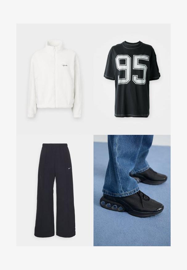 White zip-up fleece jacket with a high collar, featuring a smooth texture and embroidered logo on the left chest. Lightweight and boxy fit.; Black cotton t-shirt with short sleeves, featuring white printed number "95" on the front and contrasting stitching along the edges.; Black wide-leg pants with an elastic waistband and a small white Nike logo. Fabric has a smooth texture, designed for comfort and casual wear.; Black athletic sneakers with mesh upper, textured accents, and visible air cushioning pods in the sole. Worn with blue denim jeans.
