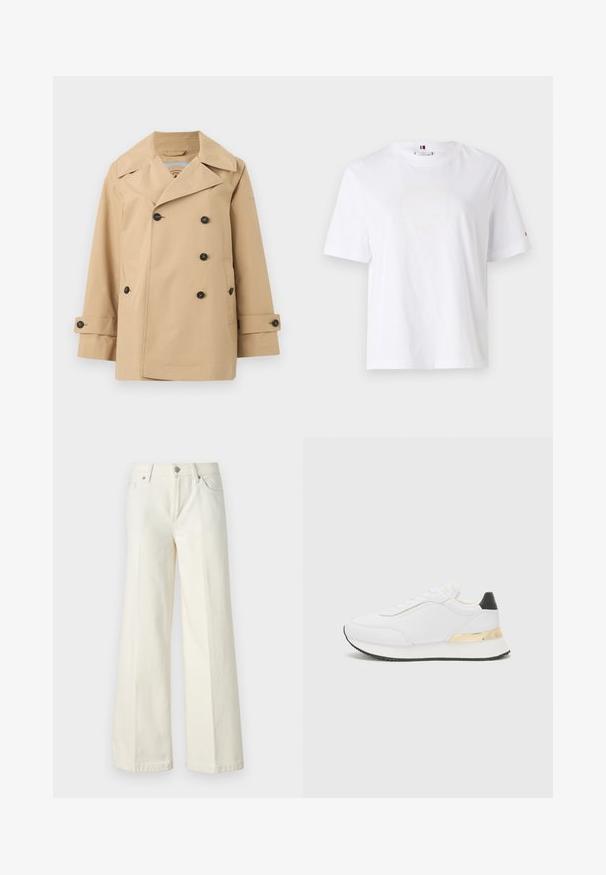 Beidzēts bezkrāsains lietusdējumā ar diviem slāņiem, lieliem uzlādiem, melnām pogām un sānu kabatām. Iezīmējas ar gludu, vieglu tekstūru.; Balts kokvilnas T-krekls ar apaļu kaklu, īsām piedurknēm un smalku dzeltenu logo dizainu, kas lasa "HILFIGER NEW YORK 1985". Standarta izgriezums.; Platās kāju baltās džinsas, izgatavotas no kokvilnas maisījuma auduma. Tām ir rāvējslēdzēja josta, piecu kabatu dizains un šuvju izšuvumi gar šuvēm.; Baltas sporta apavs ar gludu virsmu, ar melnu papēža akcentu un zeltītu metāla detaļu uz vidus zoles. Saista dizains, gumijas zole.