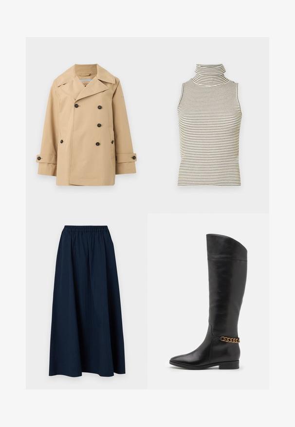 Beige trenchcoat med dobbeltrækdesign, store falderever, sorte knapper og sidelommer. Har en glat, let tekstur.; Ærmeløs turtleneck-top med lodrette sorte og hvide striber, lavet af en struktureret strikket stof, med en høj, tætsiddende krave.; Mørkeblå, lang nederdel lavet af tekstureret stof med elastisk talje og subtile lodrette striber.; Høje sorte læderstøvler med et slankt design, spids tå og en guld kædeaccent ved anklen. Lav blokhæl. Glat overflade.
