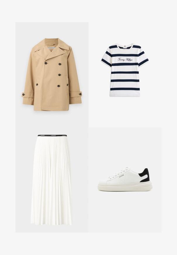 Beige trench coat with a double-breasted design, large lapels, black buttons, and side pockets. Features a smooth, lightweight texture.; Cotton T-shirt with horizontal navy stripes on a white background. "Tommy Hilfiger" embroidered in cursive on the chest. Crew neckline.; Pleated white skirt with a black elastic waistband featuring the "LACOSTE" logo. Mid-length design with soft texture.; White leather sneakers with a thick white sole, black suede heel accent, and embossed logo on the side. Laced design with six eyelets.