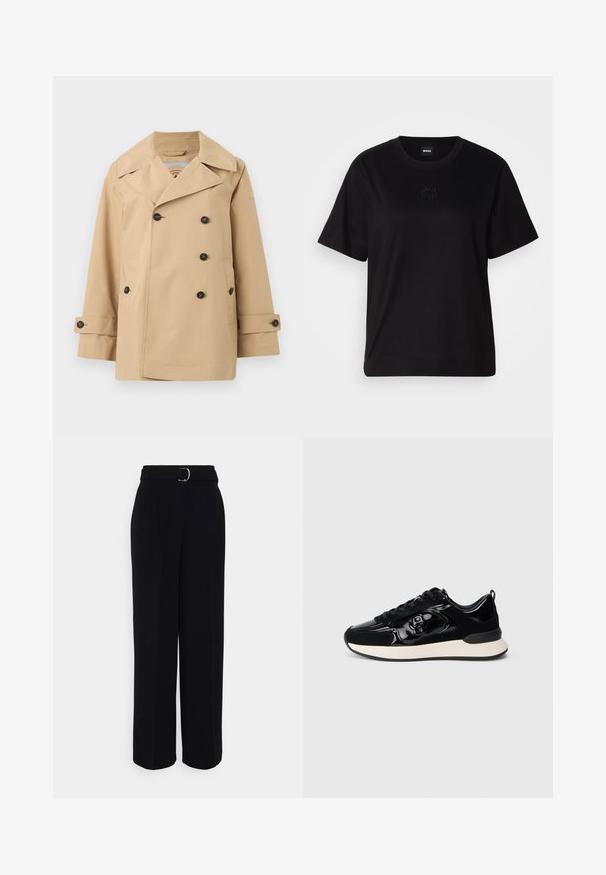 Beige trenčkot s dvouřadým designem, velkými klopami, černými knoflíky a bočními kapsami. Má hladkou, lehkou texturu.; Černé bavlněné tričko s kulatým výstřihem, krátkými rukávy a vyšitým logem na hrudi. Jednoduchý, volný střih bez vzorů.; Černé kalhoty na míru s širokým střihem, s páskem se stříbrnou sponou, s plisováním a hladkou texturou látky.; Černé nízké tenisky s lesklými a semišovými panely, černými tkaničkami, detailem loga na boku a bílou polstrovanou podrážkou.