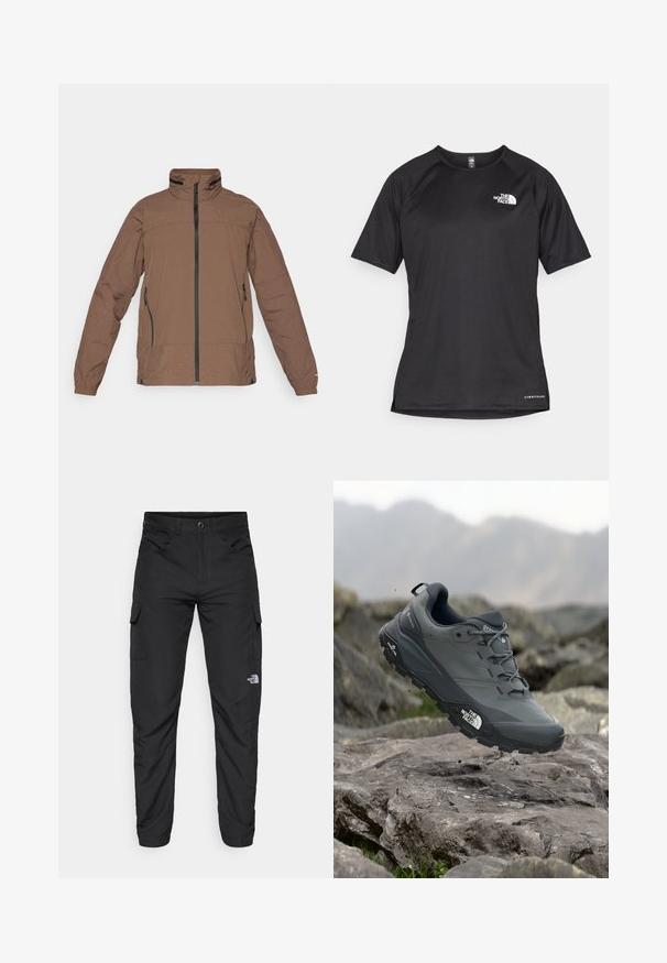 Brown zip-up jacket with a high collar, textured paneling, two side pockets, and elastic cuffs. Lightweight fabric with a subtle grid pattern.; Black short-sleeve athletic shirt with a textured fabric, featuring a white logo on the left chest and a straight hem.; The North Face HORIZON PANT - Outdoor trousers - black; Grey trail running shoe with a textured upper, durable rubber sole, and reinforced toe cap. Features laces and brand logo on the side.