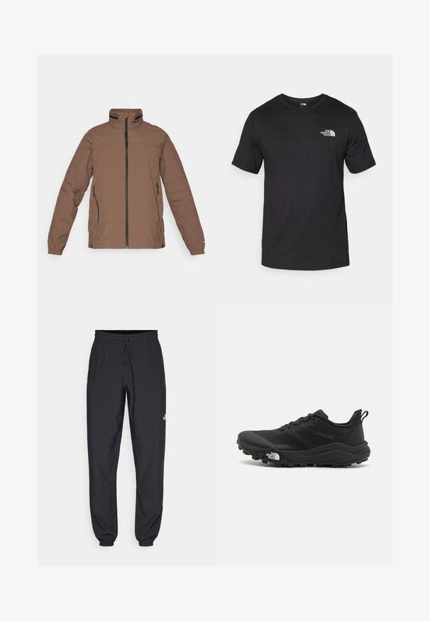 Jachetă zip-up maro cu guler înalt, panouri texturate, două buzunare laterale și manșete elastice. Material ușor, cu un model subtil în carouri.; Tricou scurt din bumbac, de culoare neagră, cu guler rotund și un mic logo alb în partea de sus a pieptului stâng.; Pantaloni atletici negri, confecționați dintr-un material ușor, cu un tiv elastic la talie, buzunare laterale și tivuri ajustate la gleznă.; Pantofii de alergare pe teren accidentat, de culoare neagră, cu un superior texturat, talpă din cauciuc și vârf întărit. Prezintă un guler căptușit și o bandă de prindere pentru îmbrăcare ușoară.