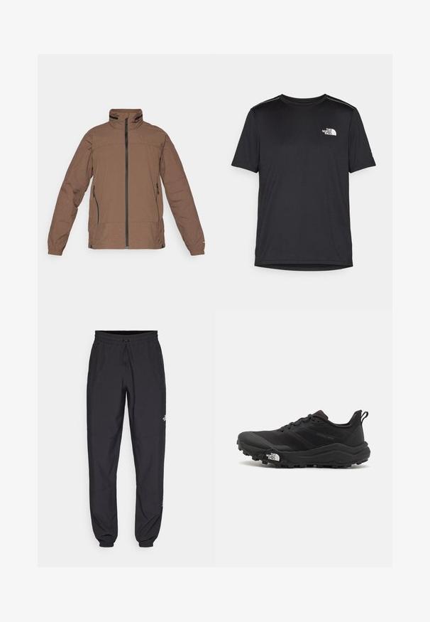 Brązowa kurtka zapinana na zamek z wysokim kołnierzem, teksturowanym panelem, dwoma bocznymi kieszeniami i elastycznymi mankietami. Lekki materiał z delikatnym wzorem siatki.; Czarny t-shirt z krótkim rękawem, wykonany z lekkiego materiału. Posiada małe białe logo na lewej piersi oraz subtelne akcenty na ramionach.; Czarne spodenki sportowe wykonane z lekkiego materiału, z elastycznym pasem na sznurek, bocznymi kieszeniami i zwężanymi mankietami przy kostkach.; Czarne buty do biegania w terenie z teksturowaną cholewką, gumową podeszwą i wzmocnionym noskiem. Posiadają wyściełany kołnierz oraz uchwyt do łatwego zakładania.