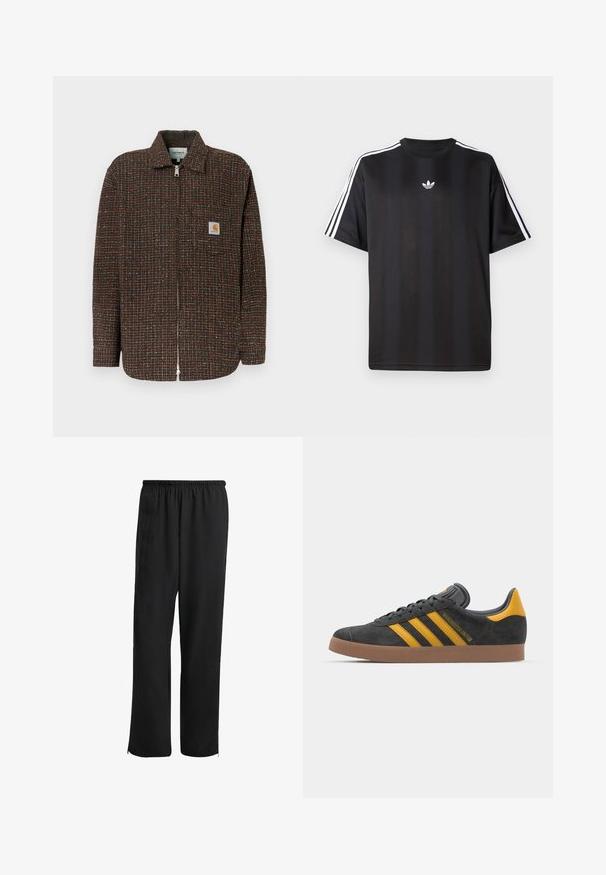 Brown checkered jacket with blue and orange accents, full zipper closure, long sleeves, and a chest pocket featuring a logo patch.; Black short-sleeve t-shirt with white three-stripe detailing on shoulders and a small white logo on the chest. Smooth fabric texture.; Black athletic pants with an elastic waistband, straight-leg design, side pockets, and zippered cuffs, made from a smooth, lightweight fabric.; Black suede sneaker with yellow accents, featuring three stripes and a brown rubber sole. Includes a padded tongue for comfort.