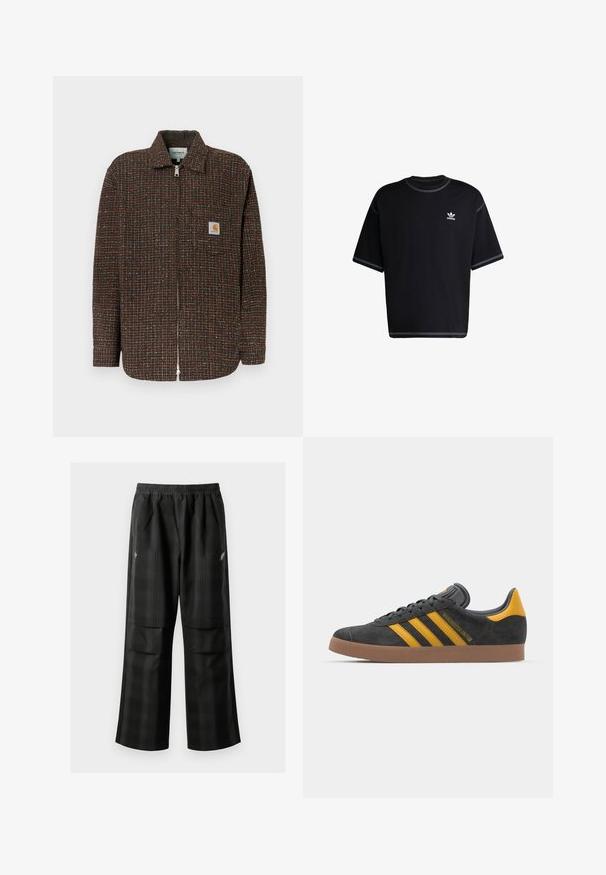 Bruine geruite jas met blauwe en oranje accenten, volledige ritssluiting, lange mouwen en een borstzak met een logo-applicatie.; Zwarte katoenen t-shirt met korte mouwen. Heeft een ronde hals en witte stiksels. Klein wit Adidas-logo op de linkerkant van de borst.; Zwarte geruite broek met een elastische tailleband, twee voorzakken en een losse pasvorm met een rechte pijpdesign. Gemaakt van lichtgewicht materiaal.; Zwarte suède sneakers met gele accenten, voorzien van drie strepen en een bruine rubberen zool. Inclusief een gevoerde tong voor comfort.
