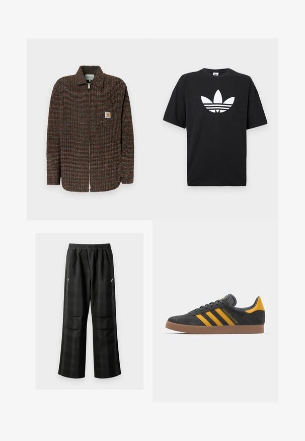 Hnedý károvaný kabát s modrými a oranžovými akcentmi, plný zips, dlhé rukávy a náprsné vrecko s logom.; Čierne bavlnené tričko s krátkymi rukávmi, na ktorom sa nachádza veľké biele logo Adidas a tri horizontálne pruhy na dolnej časti. Klasický dizajn s kruhovým výstrihom.; Čierne kockované nohavice s elastickým pásom, dvoma prednými vreckami a voľným strihom so rovnými nohavicami. Vyrobené z ľahkého materiálu.; Čierne semišové tenisky so žltými akcentmi, ktoré majú tri pruhy a hnedú gumovú podrážku. Obsahujú vypolstrovaný jazyk pre pohodlie.