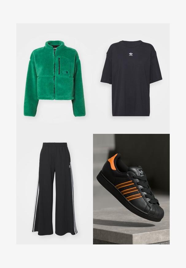 The North Face EXTREME JACKET - Casaco polar - evergreen/black; T-shirt de algodão preto com mangas curtas, decote arredondado, apresenta um logótipo branco da Adidas no peito. Design simples, ajuste descontraído.; Calças de suor largas e pretas com uma cintura elástica, apresentando riscas brancas nas laterais e um logótipo bordado na coxa esquerda.; Sapatilha preta com detalhes laranja, três riscas horizontais, parte superior em couro texturizado, bico de borracha e atacadores pretos.