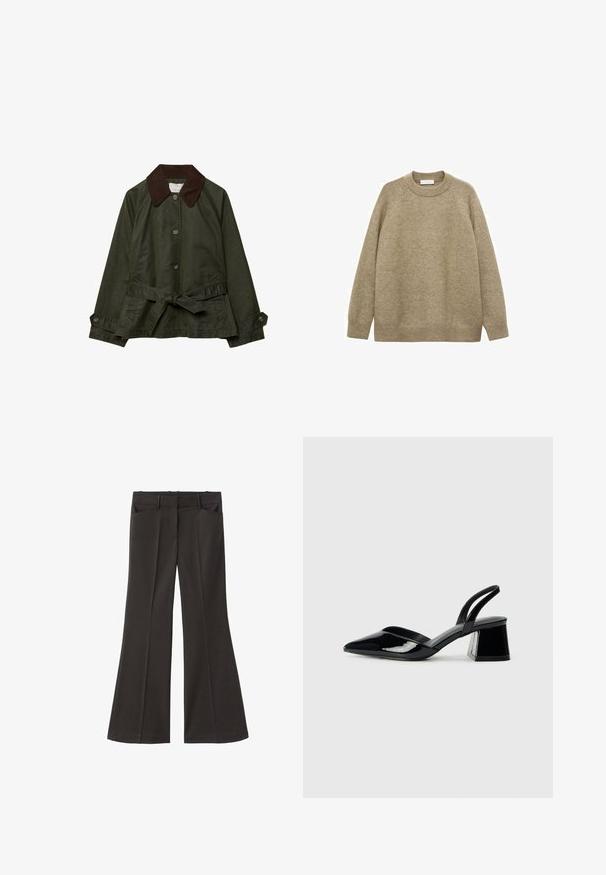 Oliven grøn jakke med brunt kordfløjlskrage, frontknapper og en bundet Talje-bælte. Har to sidelommer og en glat tekstur.; Beige sweater lavet af struktureret strikket stof, med en rund halsudskæring, lange raglanærmer og ribbede kanter og mansjetter.; Sorte flagrende bukser med høj talje; har to forlommer og en glat stofstruktur. Egnet til forskellige anledninger.; Sorte patentlæder slingback hæle med spids tå og en geometrisk blok hæl. Har et elegant, minimalistisk design og en glat tekstur.