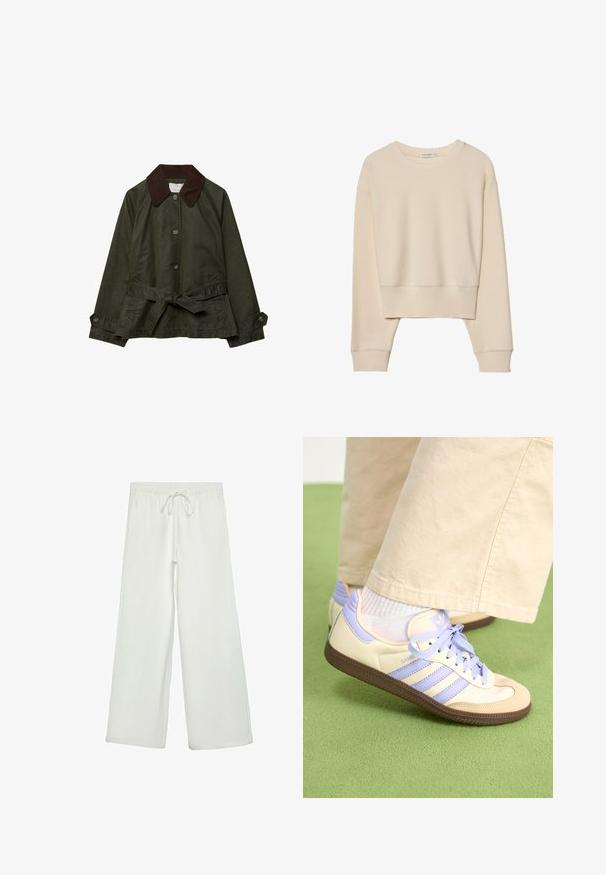 Oliven grøn jakke med brunt kordfløjlskrage, frontknapper og en bundet Talje-bælte. Har to sidelommer og en glat tekstur.; Beige langærmet cropped sweater med ribbet rund halsudskæring, manchetter og kant, lagt fladt på en hvid baggrund.; Hvide bukser med bred ejer lavet af blødt stof. Har en elastisk talje med snor og en glat tekstur. Ingen synlige mønstre eller hardware.; Creme og lavendel sneakers med tre striber og en tekstureret brun sål, der har snørebånd og en polstret hæl. Blødt stof øvre.