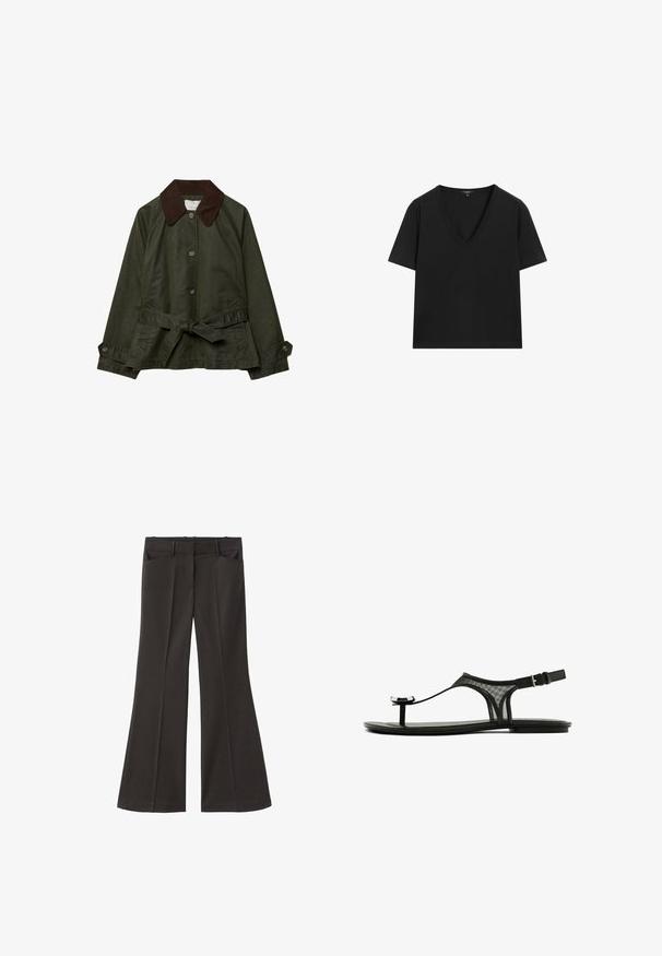 Olive green jacket with brown corduroy collar, front buttons, and a tied waist belt. Features two side pockets and a smooth texture.; Black short-sleeve V-neck T-shirt with a simple, fitted design on a white background.; Black flared trousers with a high waist; features two front pockets and a smooth fabric texture. Suitable for various occasions.; Black flat sandals with a mesh strap, thin toe loop, and adjustable ankle buckle. Features a sleek, minimalist design with shiny accents.