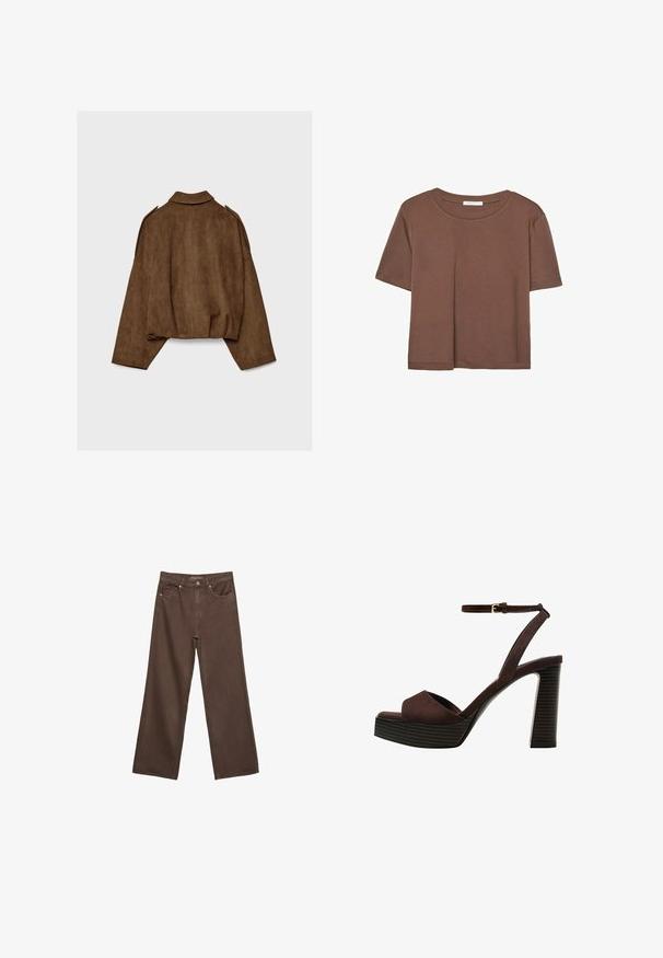 Rjava jakna iz umetnega usnja z ovratnikom, širokim krojem in spuščenimi rameni. Hrbtni del ima navpične šive in krajšano zasnovo.; Rjava kratka majica s kratkimi rokavi iz mehkega materiala, s krožnim izrezom in ohlapnim krojem. Brez vidnih vzorcev ali dodatkov.; Široke rjave kavbojke iz denima, ki imajo visok pas, sprednje žepe in klasično zapiranje na gumb. Gladka tekstura s subtilnim šivom.; Rjave semiš sandale z visoko peto, odprto spredaj, z nastavljivim gležnjenjem in črtastim podplatom.