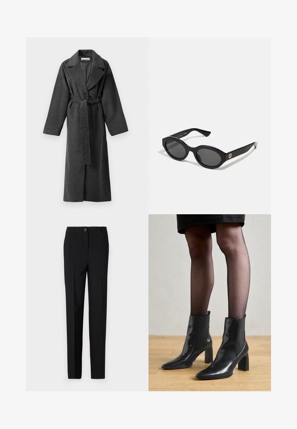 Mørkegrå lang uldfrakke med brede revers, en knap, bælte i taljen og to sidelommer, præsenteret på en hvid baggrund.; Grå cropped sweater med bred halsudskæring, lange ærmer og et blødt, struktureret strikstof. Enkel design, ingen mønstre eller udsmykninger.; Sorte skræddersyede bukser med lige ben-design, der har en knaplukning og bæltestropper, lavet af glat stof.; Sorte læderankelstøvler med spids tå, kraftig firkantet hæl og slankt design. Har elastiske sidepaneler for nem påtagning.; Sorte ovale solbriller med mørke linser og blank plastramme. Har et guldlogo på stykket, hvilket giver et slankt og moderne design.