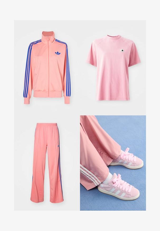 Lyserød zip-up jakke med høj krave og blå striber langs ærmerne. Har et blåt logo på brystet. Blød stoftekstur.; Pink bomulds t-shirt med rund hals og korte ærmer. Har en lille firkantet logo-patch på venstre brystområde. Glat tekstur.; Lyserøde træningsbukser lavet af blødt stof, med blå sideløb og en elastisk talje med lommer til opbevaring.; Lyserøde atletiksko med lyseblå striber, rund tå og tykke lyserøde snørebånd, parret med lyserøde træningsbukser med hvide sidelister.