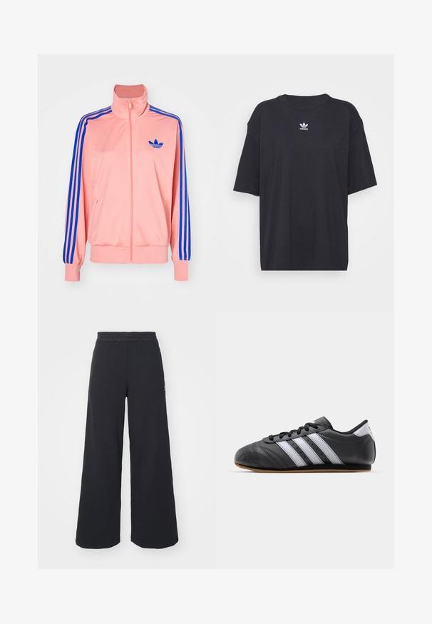 Ljusrosa zip-up jacka med hög krage och blå ränder längs ärmarna. Har en blå logotyp på bröstet. Mjuk tygkänsla.; Svart bomullströja med korta ärmar, rund halsringning, har en vit Adidas-logotyp på bröstet. Enkel design, avslappnad passform.; Svarta vida sweatpants tillverkade av mjukt tyg, med ett elastiskt midjeband och en liten logotyp på vänster sida.; Svart lädersportssko med vita ränder, rund tå, platt sula och snörning. Har perforeringar för andningsförmåga.