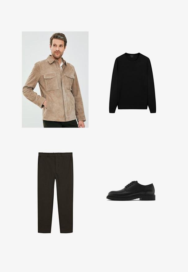 Leren tan suède jasje met een knoopsluiting aan de voorkant, twee borstzakken en lange mouwen. Gladde textuur met een relaxte pasvorm en een puntige kraag.; Zwarte lange mouwen trui met ronde hals. Gemaakt van zachte stof, met een klassieke pasvorm en geribde mouwen en onderrand. Geen patronen of accenten.; Donkerbruine, geweven stofbroek met een recht model, voorzakken en een knoopsluiting op de taille. Glad textuur.; Zwarte leren nette schoen met een textuur, ronde neus, vijf oogjes voor veters en een stevige zwarte zool. Eenvoudig, recht design.