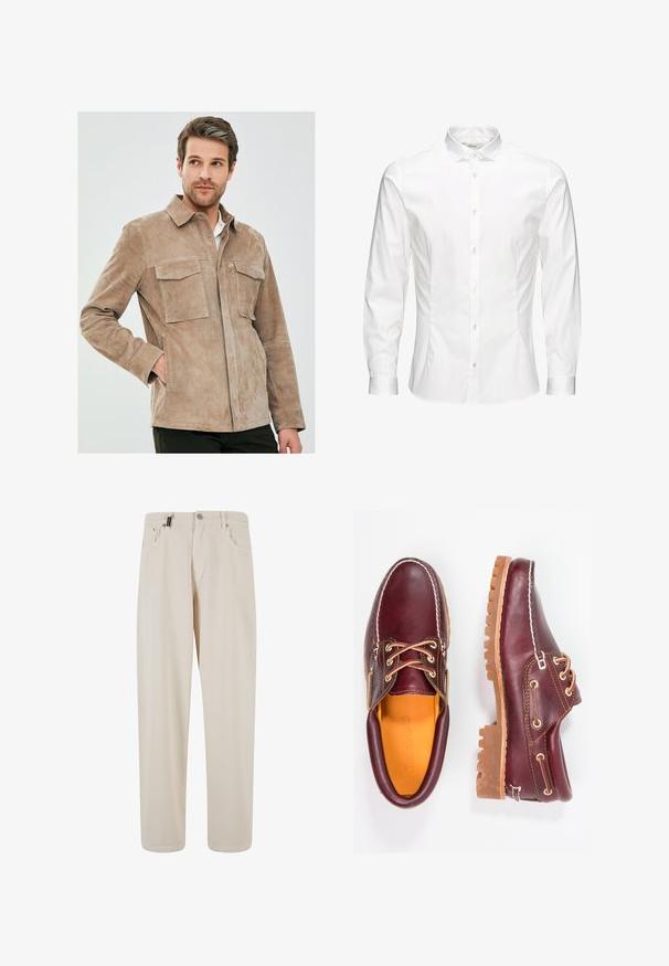 Leren tan suède jasje met een knoopsluiting aan de voorkant, twee borstzakken en lange mouwen. Gladde textuur met een relaxte pasvorm en een puntige kraag.; Witte langesleeve overhemd met knopen, gemaakt van een gladde stof. Kenmerkt zich door een klassieke kraag, voor knopen en manchetten met één knoop. Slim fit ontwerp.; Beige katoenen broek met een recht pasvorm, voorzien van voorzakken en een knoopsluiting. Gladde textuur met minimale details.; Bordeaux leren schoenen met bruine rubberen zolen, ronde neus, witte stiksels en gouden veterogen. Het interieur heeft een gele voering.