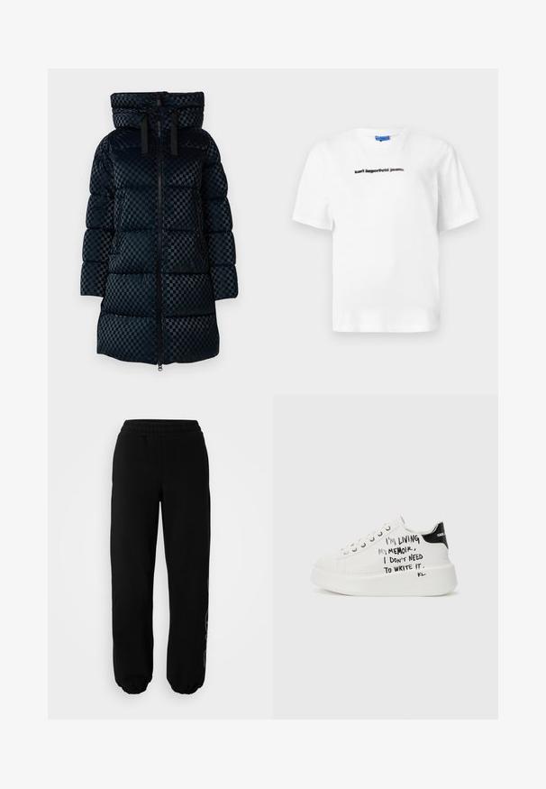 Cappotto imbottito nero a scacchi con cappuccio, zip frontale e dettagli con cordoncino. Presenta sezioni trapuntate e un design di lunghezza media.; T-shirt bianco in cotone con colletto a giro e maniche corte. Sulla parte anteriore è stampato in nero il testo: "karl lagerfeld jeans." Tessuto liscio.; Pantaloni della tuta neri con vita elasticizzata e polsini. Realizzati in un tessuto morbido con un delicato dettaglio di design sulla gamba sinistra.; Sneakers platform bianchi con accenti neri, caratterizzati da una suola testurizzata e testo scritto a mano sui lati. Materiale in pelle liscia.