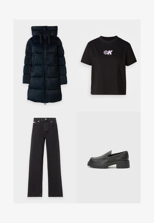 Zwarte geblokte pufferjas met een capuchon, voorrits en trekkoordaccenten. Bevat gestikte secties en een middellange pasvorm.; Zwarte katoen t-shirt met een ronde halslijn en korte mouwen. Heeft een wit en roze "CK" logo op de bovenste linkerborst.; Zwarte wijde spijkerbroeken van denim, met een hoge taille, vijf-pocket stijl en een metalen knoopsluiting met contrasterende stiksels.; Zwarte leren instappers met een ronde neus, dikke getextureerde zool en minimale stikseldetails. Strak ontwerp zonder zichtbare veters of hardware.