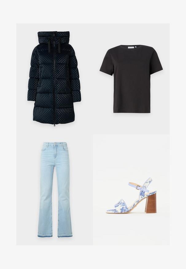 Zwarte geblokte pufferjas met een capuchon, voorrits en trekkoordaccenten. Bevat gestikte secties en een middellange pasvorm.; Zwarte katoenen t-shirt met korte mouwen, een ronde halslijn en een eenvoudig, strak ontwerp. Geen zichtbare patronen of versieringen.; Lichtblauwe klokbroeken van denim, met een hoge taille, voorzakken en een ruwe zoom bij de boorden voor een casual uitstraling.; Blauw bloemenpatroon sandaal met een vierkante neus, een brede band en een verstelbare enkelband, met een getextureerde houten blokhak.