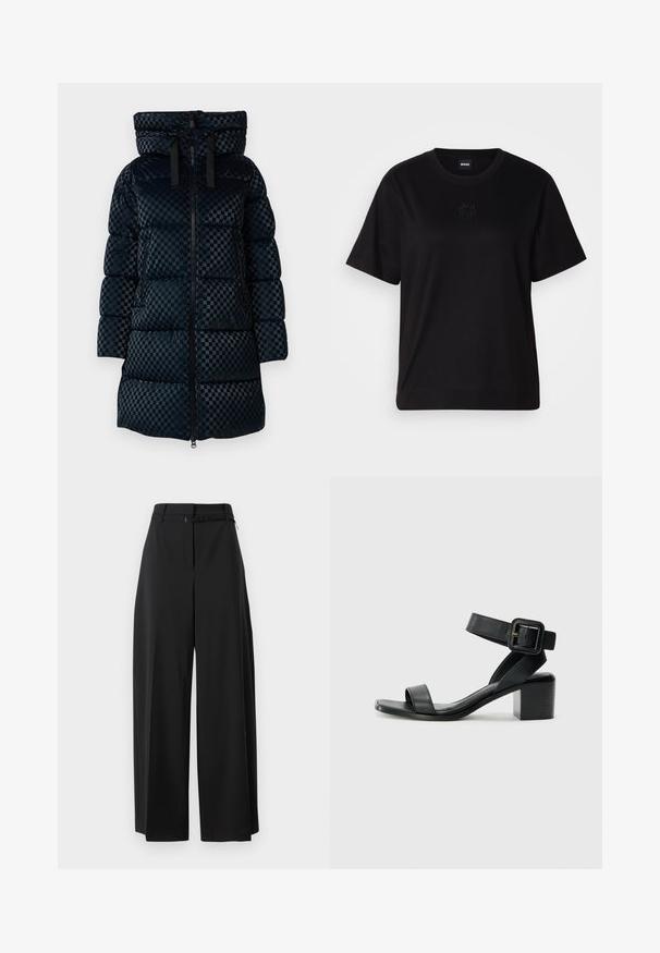 Sort ternet pufferjakke med hætte, frontlynlås og snoretræk. Har quiltede sektioner og mellemlang design.; Sort bomulds t-shirt med rund halsudskæring, korte ærmer og et broderet logo på brystet. Enkel, afslappet pasform uden mønstre.; Sorte bredde ben bukser med høj talje og bælte. Har en glat tekstur og rene linjer, designet til en afslappet pasform.; Sort læder hælet sandal med justerbar ankelrem, åben tå design og firkantet blokhæl. Glat tekstur, minimalistisk stil.