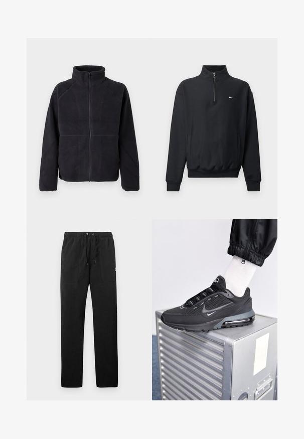 Giacca in pile nera con zip, maniche lunghe e colletto alto, realizzata in un morbido tessuto testurizzato, mostrata su uno sfondo bianco semplice.; Felpa nera con colletto alto e zip, maniche lunghe, tasche laterali e vita elastica. Presenta un piccolo logo Nike bianco sul petto.; Pantaloni sportivi neri in felpa, dotati di cintura elastica con cordini, due tasche anteriori e un piccolo logo sulla coscia.; Nike Sportswear PULSE - Sneakers basse - black/anthracite