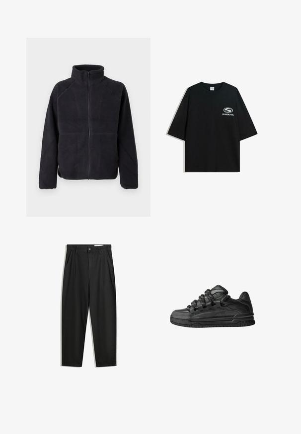 Musta vetoketjullinen fleece-takki pitkillä hihoilla ja korkealla kauluksella, valmistettu pehmeästä, teksturoidusta kankaasta, esiteltynä yksinkertaisella valkoisella taustalla.; Mustat ylipitkät puuvillapaidat, joissa on pyöreä kaula-aukko ja lyhyet hihat, etuosassa valkoinen "Shibuya" -logo.; Mustat puuvillahousut rentoa mallia, joissa on klassinen vyötärö, etukangastukset ja sivutaskut. Sileä pinta ilman kuvioita.; Mustat tennarit, joissa on sileä nahkapinta, teksturoituja yksityiskohtia ja pyöreät musta-valkoiset nauhat. Paksu kumipohja, jossa on kuvioitu pinta.