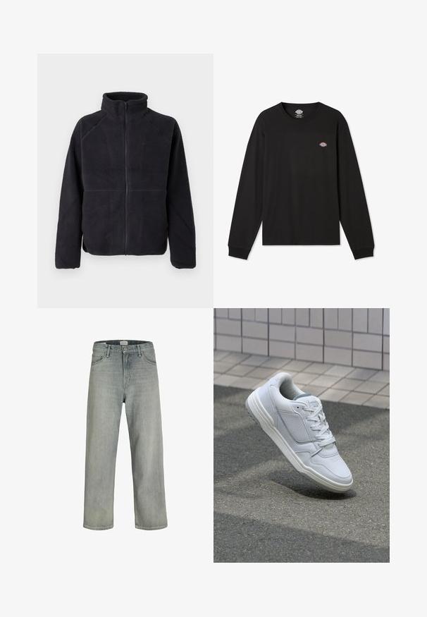 Juodas zip-up pūkinis džemperis su ilgomis rankovėmis ir aukštu apykakle, pagamintas iš minkštos, tekstūruotos medžiagos, pristatytas ant paprasto balto fono.; Juodas ilgam rankovėmis marškinėliai iš medvilnės, su mažuoju daugiamačiu Dickies logotipu kairėje krūtinės pusėje ir timpos rankogaliais.; Šviesiai pilkos, laisvai krentančios džinsinės kelnės. Turi klasikinį penkių kišenių dizainą, diržo kilpas ir tiesius kojų siluetus.; Baltos odinės sportinės bateliai su perforuotais šonais, tekstūruotais akcentais, plokščiomis raištelėmis ir kontrastingu pilku kulnu. Yra šiek tiek pakelti padas.