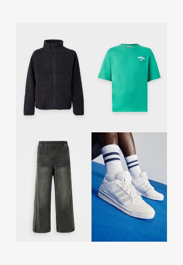 Črn zadrgo zaprt flis jopič z dolgimi rokavi in visokim ovratnikom, izdelan iz mehkega, teksturiranega materiala, prikazan na enobarvni beli podlagi.; Zelena bombažna majica s kratkimi rokavi in okroglim izrezom, na prsih izšit logotip "ADIDAS", pod napisom pa je cvetlični detajl.; Črne izprane denim hlače z elastičnim pasom in širokimi nogami, z diskretnimi vertikalnimi šivi ob straneh.; Beli usnjeni copati z perforiranimi detajli, tremi kovinskimi črtami in teksturiranim stranskim delom. Obuti z belimi nogavicami z modrimi črtami.