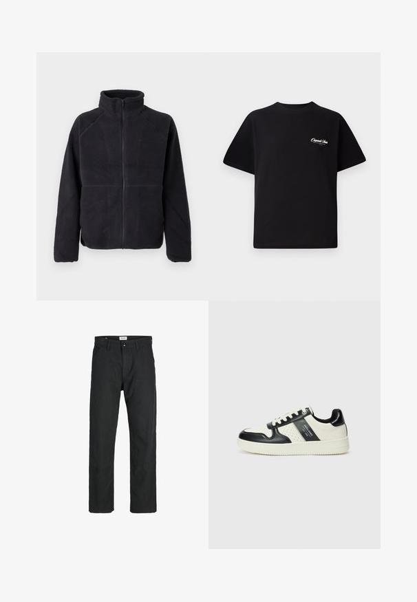 Melnā rāvējslēdzēja polāra jakā ar garām piedurknēm un augstu apkakli, izgatavota no mīksta, teksturēta auduma, attēlota uz vienkārša balta fona.; Melnas kokvilnas t-krekls ar apaļu kakla izgriezumu, īsām piedurknēm un maziem baltiem logotipa uzrakstiem kreisajā krūšu daļā. Vienkāršs dizains, klasiskā piegriezne.; Melnas bikses no izturīga auduma, ar taisna griezuma dizainu, izšūtām akcentiem un divām priekšējām kabatām funkcionālitātei.; Ādas sporta apavi ar melnbaltu krāsu shēmu, ar perforētiem akcentiem, mīkstinātu apkakli un teksturētu zoli.