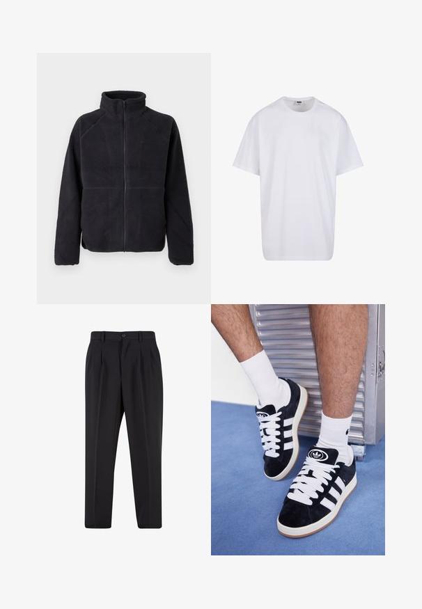 Sort fleecejakke med lynlås, lange ærmer og høj krave, lavet af blødt, tekstureret stof, præsenteret på en enkel hvid baggrund.; Hvid bomulds t-shirt med korte ærmer, rund halsudskæring, afslappet pasform, og ingen synlige logoer eller mønstre. Glat tekstur og minimalistisk design.; Sorte bukser med plisseret frontdesign, lavet af glat stof. Har knaplukning og bæltestropper; lige pasform.; Sorte ruskinds sneakers med hvide snørebånd og tre hvide striber. Har et rundt sort logo på tungen og en gummigummisål.