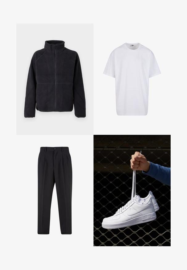 Zwarte fleecejack met rits en lange mouwen en hoge kraag, gemaakt van zachte, gestructureerde stof, weergegeven op een effen witte achtergrond.; Witte katoenen t-shirt met korte mouwen, ronde hals, relaxte pasvorm en zonder zichtbare logo's of patronen. Gladde textuur en minimalistisch ontwerp.; Zwarte broek met een geplooid design aan de voorkant, gemaakt van soepel stof. Voorzien van een knoopsluiting en riemlussen; rechte pasvorm.; Witte leren sneakers met perforaties, ronde neus, vlakke zool en dikke veters, met een zichtbare swoosh-logo en "AIR" op de hiel.