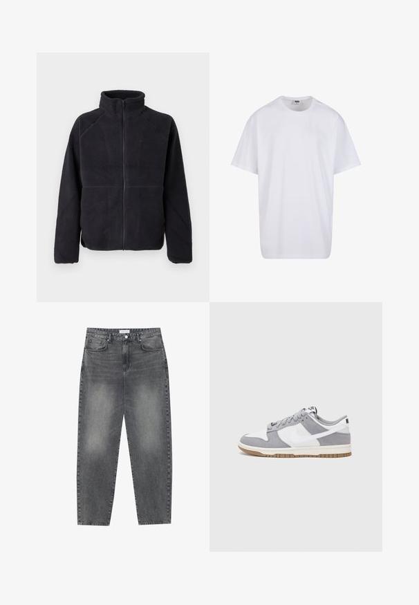 Melnā rāvējslēdzēja polāra jakā ar garām piedurknēm un augstu apkakli, izgatavota no mīksta, teksturēta auduma, attēlota uz vienkārša balta fona.; Balta kokvilnas T-kreklu ar īsām piedurknēm, apaļu kakla izgriezumu, brīvu piegriezumu un bez redzamām logo vai rakstiem. Gluda tekstūra un minimālistisks dizains.; Augsta vidukļa, platā stila džinsi izbalējušā melnā denima. Ar pieciem kabatām, jostas cilpām un tīru, taisnu kāju dizainu.; Pelēki un balti sporta apavi ar zamšādas un ādas virsu, noapaļota purngala, plakaniem šņorēm un gumijas zoli ar gumijas akcentu.