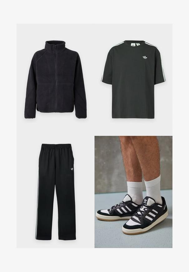 Black zip-up fleece jacket with long sleeves and high collar, made of soft, textured fabric, displayed on a plain white background.; Black cotton t-shirt with short sleeves, crew neckline, and white three-stripe detailing on shoulders. Features a small white logo on chest.; Black athletic pants with an elastic waistband, featuring white side stripes and a small logo on the front. Smooth fabric and straight cut.; Black and white sneakers with a suede and leather upper, featuring three white stripes, a perforated toe, and a gum rubber sole.