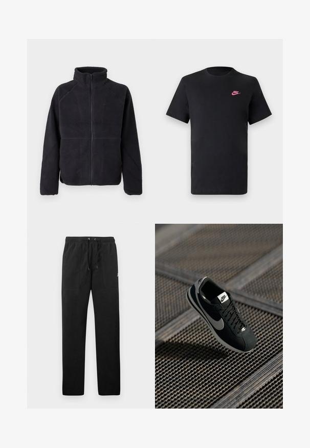 Schwarze Fleecejacke mit Reißverschluss, langen Ärmeln und hohem Kragen, aus weichem, strukturiertem Stoff, vor einem schlichten weißen Hintergrund präsentiert.; Schwarzes Baumwoll-T-Shirt mit rundem Ausschnitt und kurzen Ärmeln. Mit einem pinken Nike-Logo auf der oberen linken Seite. Glatte Textur.; Schwarze Sweatpants aus Fleece, mit einem elastischen Bund mit Kordelzug, zwei Fronttaschen und einem kleinen Logo auf dem Oberschenkel.; Schwarzer Nike-Sneaker mit grauen Akzenten, aus Wildleder und Mesh-Materialien, strukturierten Sohlen, schmaler Form und klassischem Schnürdesign.