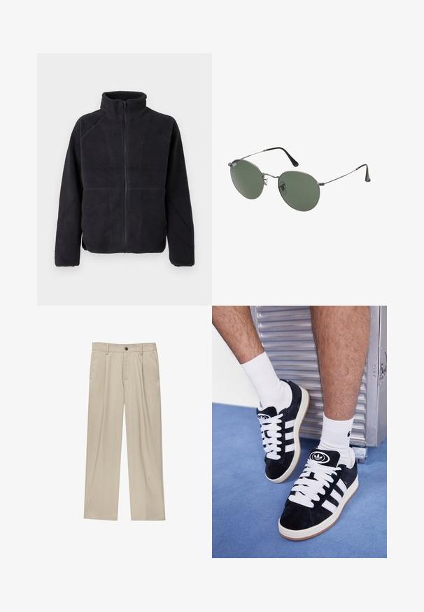 Musta vetoketjullinen fleece-takki pitkillä hihoilla ja korkealla kauluksella, valmistettu pehmeästä, teksturoidusta kankaasta, esiteltynä yksinkertaisella valkoisella taustalla.; Valkoinen puuvillapaita, jossa on klassinen kaulus, lyhyet hihat ja pieni laivastonsininen logo vasemmalla rinnalla. Kaksi nappia napituksessa.; Beige-housut suoran leikkauksen omaavina, joissa on yksi musta nappi, vyölenkit ja sivutaskut. Sileä kangas ja minimalisti muotoilu.; Mustat mokkasneakersit, joissa on valkoiset nauhat ja kolme valkoista raitaa. Kengissä on ympyrän muotoinen musta logo kielen päällä ja kuminen pohja.; Aurinkolasit metallikehyksillä, joissa on soikeat vihreät linssit. Ohut hopeinen metallikehys ja mustat korvapehmusteet. Minimalistinen muotoilu, ei näkyviä logoja.